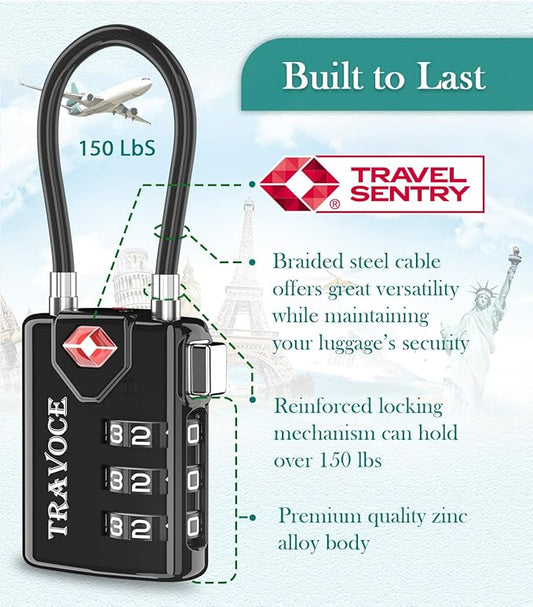 TSA Approved Luggage Locks, Travel Locks Which Also Work Great as Gym Locks, Toolbox Lock, Backpack and More, Black 1 Pack