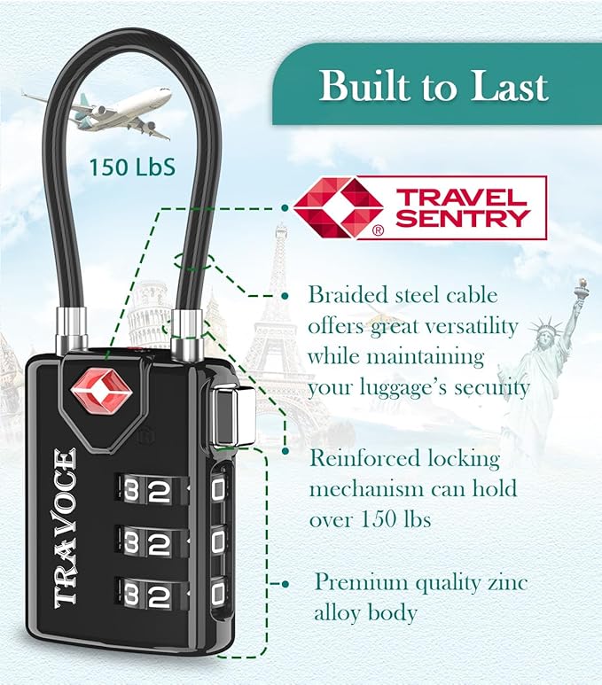 TSA Approved Luggage Locks, Travel Locks Which Also Work Great as Gym Locks, Toolbox Lock, Backpack and More, Black 4 Pack