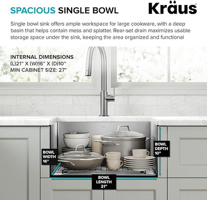 KRAUS Standard PRO 23-Inch 16 Gauge Undermount Single Bowl Stainless Steel Kitchen Sink, KHU101-23