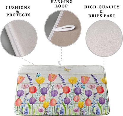 Tulip Floral Dish Drying Mat for Kitchen Counter Watercolor Spring Flower Dish - Image 3