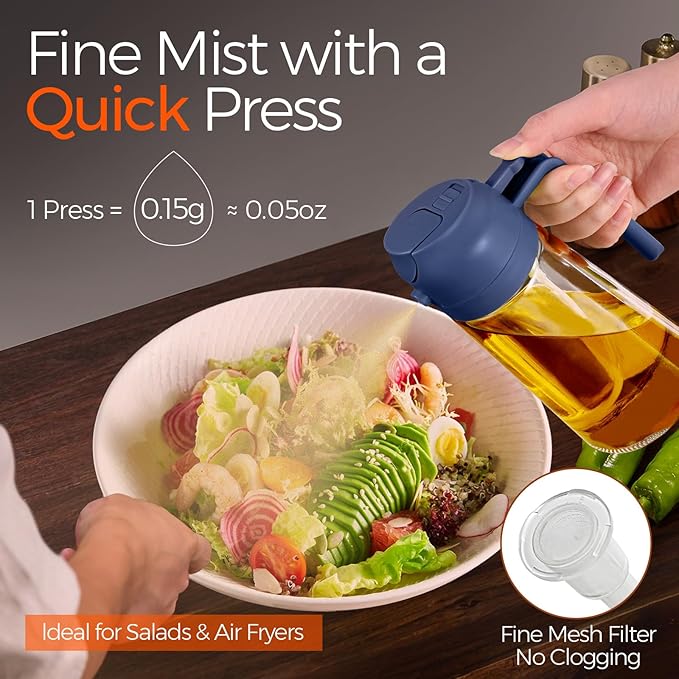 YARRAMATE 16oz/470ml Glass Olive Oil Sprayer for Cooking with Stickers, 2 in 1 Oil Dispenser for Kitchen Gadgets, Food Grade Premium Spray Bottle with Portion Control for Salad, BBQ (Navy)