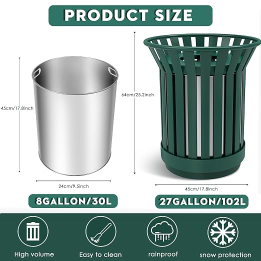 8Gallon Round Large Outdoor Trash Can, Heavy Duty Metal Slatted Garbage Can - Image 2