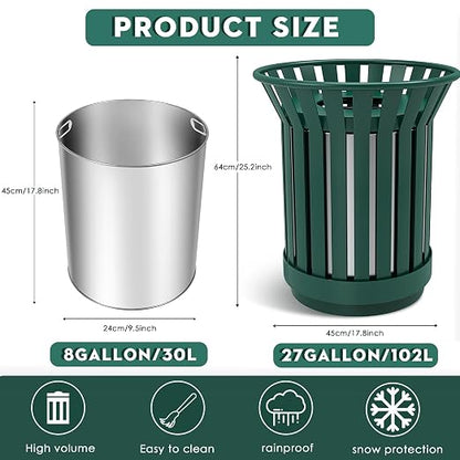 8Gallon Round Large Outdoor Trash Can, Heavy Duty Metal Slatted Garbage Can - Image 2