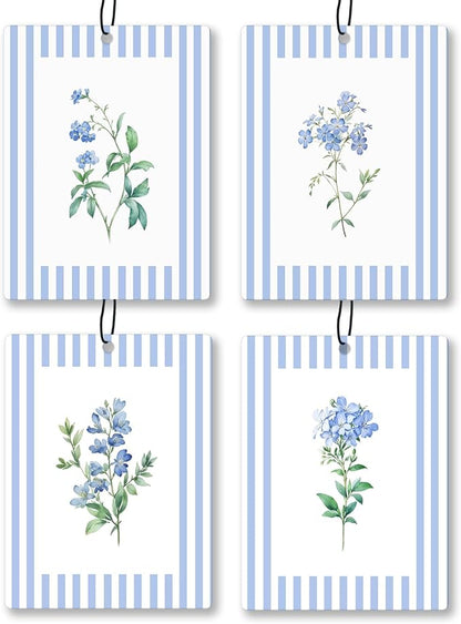Rustic Blue Floral Car Air Freshener 4 Pcs, Preppy Blue Striped Flower Hanging by Unknown