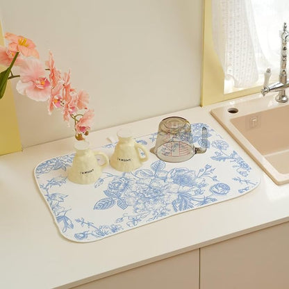 Baby Blue Chinoiserie Floral Dish Drying Mat 18 x 24 inch Vintage Flower - Image 6