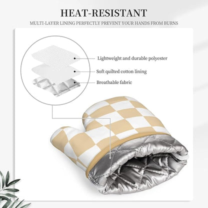 Checkered Beige Silicone Oven Mitts Pan Mats Set of 2, Heat Resistant Gloves - Image 4