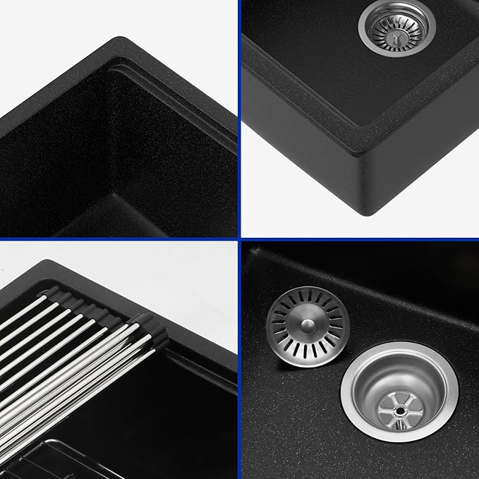 Dcolora 28 Inch Matte Black Undermount Kitchen Sink Single Bowl Modern Sink Workstation Granite Composite,#DC-GU0004BS