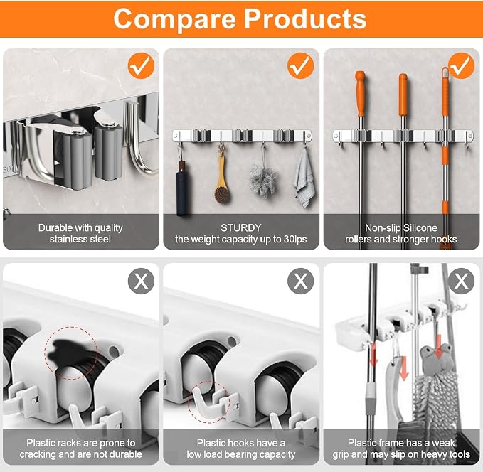 Mop and Broom Holder Wall Mount, Upgraded Broom Organizer Wall Mount, Stainless - Image 6
