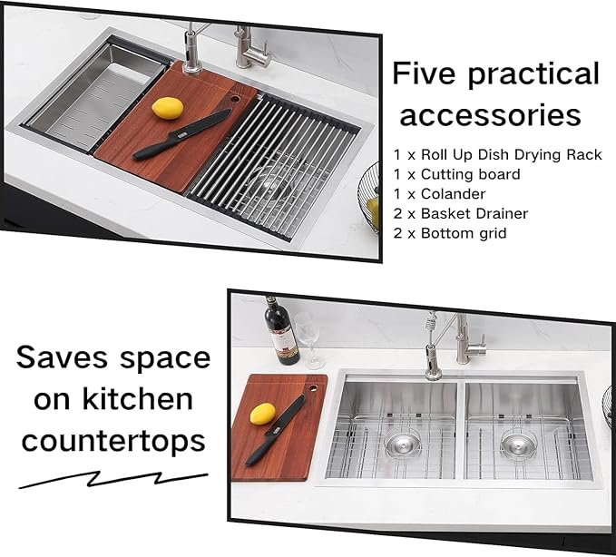 COMLLEN 33 Inch Double Bowl Undermount Kitchen Sink,33x19 Inch Workstation 16 Gauge Stainless Steel Double Kitchen Sinks with Cutting Board,9 Inch Deep Sink Maximizes Space Efficiency