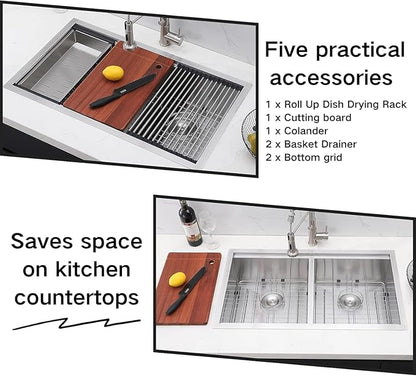 COMLLEN 33 Inch Double Bowl Undermount Kitchen Sink,33x19 Inch Workstation 16 Gauge Stainless Steel Double Kitchen Sinks with Cutting Board,9 Inch Deep Sink Maximizes Space Efficiency