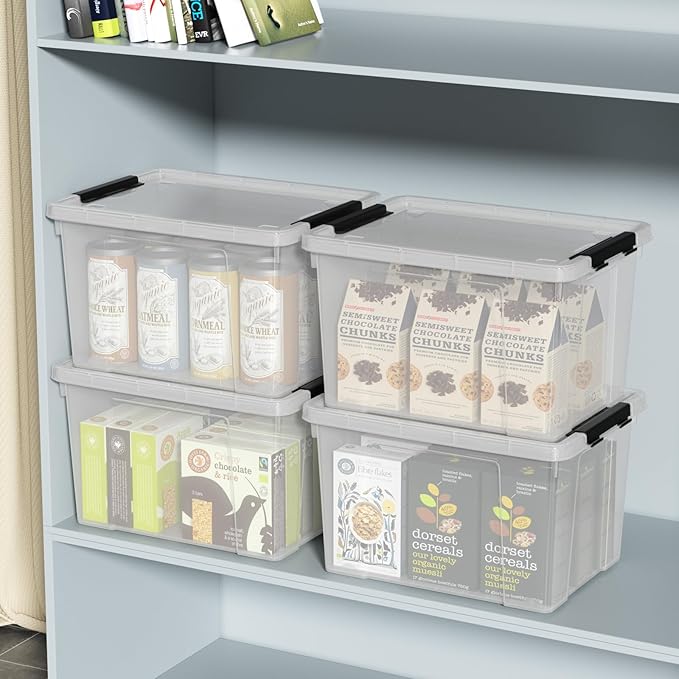 Set of 4 Plastic Latch Storage Bins with Wheels, 23 L Clear Latch Boxes with Stackable Lids