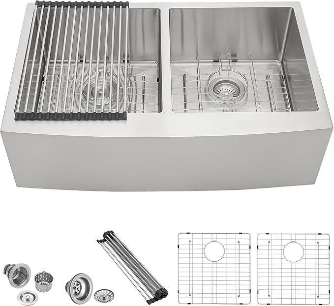 36 Farmhouse Sink Stainless Steel - Lordear 36 inch Kitchen Sink Double Bowl 50/50 Stainless Steel 16 Gauge Apron