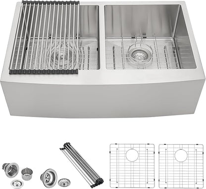 36 Farmhouse Sink Stainless Steel - Lordear 36 inch Kitchen Sink Double Bowl 50/50 Stainless Steel 16 Gauge Apron