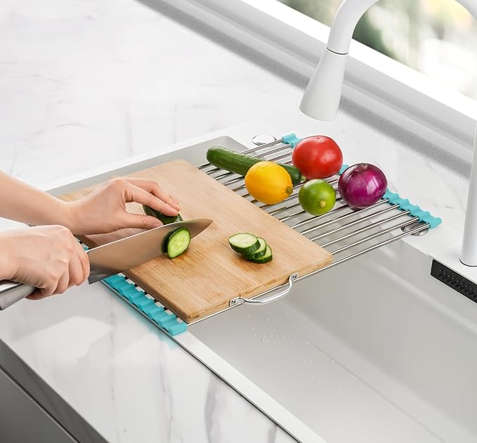 Tomorotec 17.7" x 12.5" Roll Up Dish Drying Rack Over Sink Drying Rack Sink Cover Kitchen Sink Accessories Gadget Multipurpose Organizer Foldable Stainless Steel Drainer