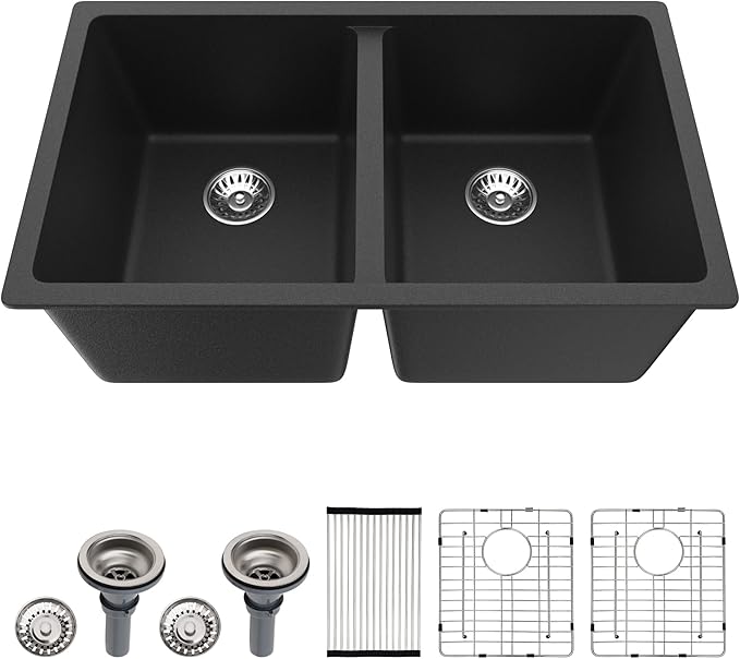 Dcolora 33 inch Quartz Matte Black Granite Composite Double Bowl Undermount Kitchen Sink Basin Deep 50/50 Split, DC-GU7761