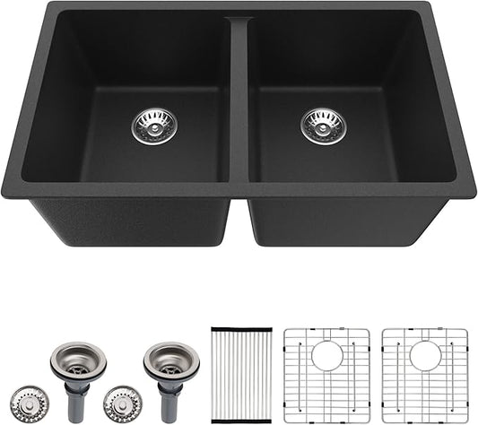 Dcolora 33 inch Quartz Matte Black Granite Composite Double Bowl Undermount Kitchen Sink Basin Deep 50/50 Split, DC-GU7761