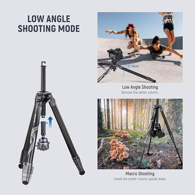 NEEWER LITETRIP LT32 Camera Travel Tripod, Carbon Fiber Portable Stand, Ball Head Detachable Center Axis Flip Buckle Cleaning Cloth Arca QR Plate Compatible with Peak Design Capture V3 (Former TP62)