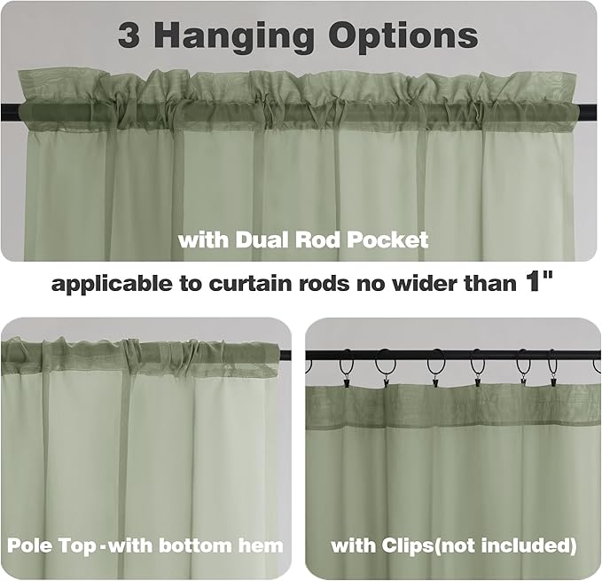 Chyhomenyc Sage Green Sheer Curtains 90 Inches Long 2 Panels, Light Filtering - Image 3