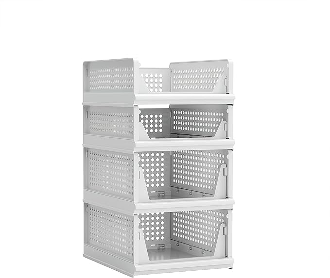 Proarea 4 Pack Stackable Plastic Storage Basket Closet Organizer Bin Foldable Clothes Organizer Storage Drawer Shelf Container for Living Room Bathroom Kitchen Office (2L+2S)