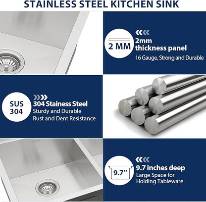 Lordear 36 Inch Undermount Kitchen Sink Double Bowl Stainless Steel Kitchen Sinks 50/50 Low Divided 16 Gauge Undermount Sink 36x19x10 Inch Handmade