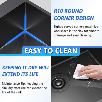 25x22 Inch Black Drop In Kitchen Sink, 25 Inch Gunmetal Black Kitchen Sink Top Mount 18 Gauge Stainless Steel Single Bowl Deep KitchenSink With Grid Handmade KitchenSink Drop In