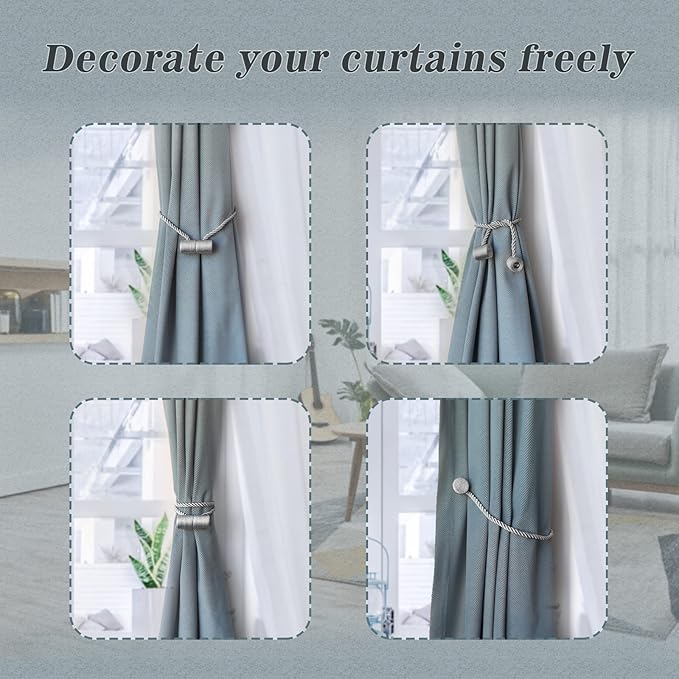 Hion Magnetic Curtain Tiebacks Grey 6 Pack, Curtain Tiebacks Buckles Holdbacks Holders Hooks Clip for Home Bedroom Office Decorative Thick or Thin Curtain