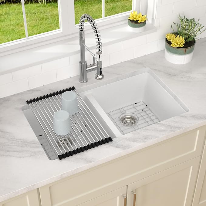 Dcolora 33 Inch Double Bowl Undermount Kitchen Sink White Deep Double Basin Prep Sink 50/50 Split Granite Composite 33"×19"×10“,#DC-GU001W