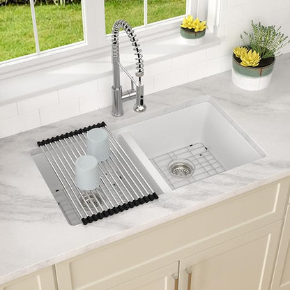 Dcolora 33 Inch Double Bowl Undermount Kitchen Sink White Deep Double Basin Prep Sink 50/50 Split Granite Composite 33"×19"×10“,#DC-GU001W