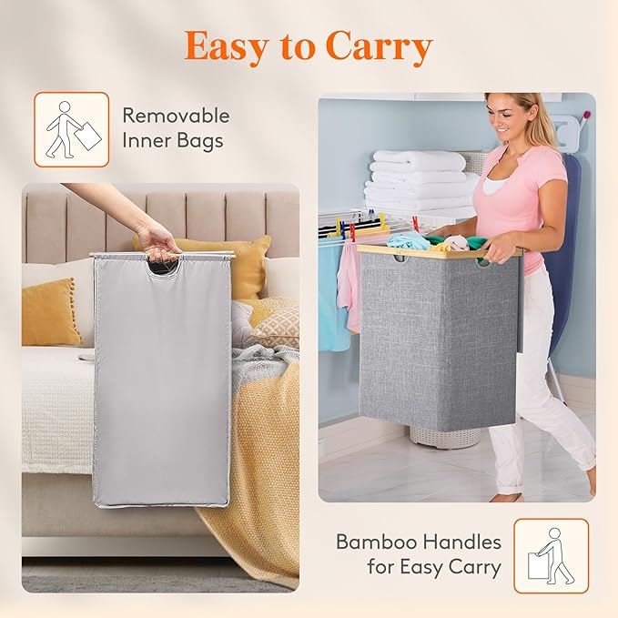 Lifewit 120L Double Laundry Hamper with Lid, Extra Large Bamboo Laundry Basket Dirty Clothes Hamper, 2 Section Laundry Bin Organizer for Laundry Room Bedroom with 2 Removable Liners & Bags,Light Gray