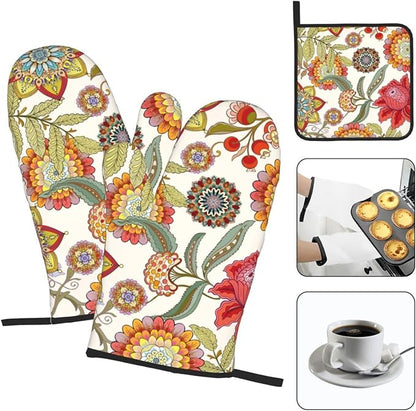 Boho Floral Oven Mitts and Pot Holders Sets of 3 Heat Resistant Hot Pads - Image 3