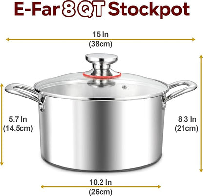 E-far 8 Quart Stock Pot with Lid, 18/10 Tri-ply Stainless Steel Stockpot - Image 2