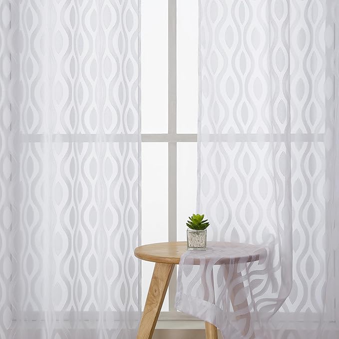 Aiyufeng White Sheer Curtains 45 Inch Length 2 Panels Set, Farmhouse Clip Jacquard Textured Short Curtains, Lightweight Chic Wavy Line Window Curtains Drapes for Bedroom, 40" Wx45 L Inches