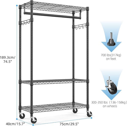 Heavy Duty Rolling Garment Rack 3 Tiers Adjustable Wire Shelving Clothes Rack - Image 6