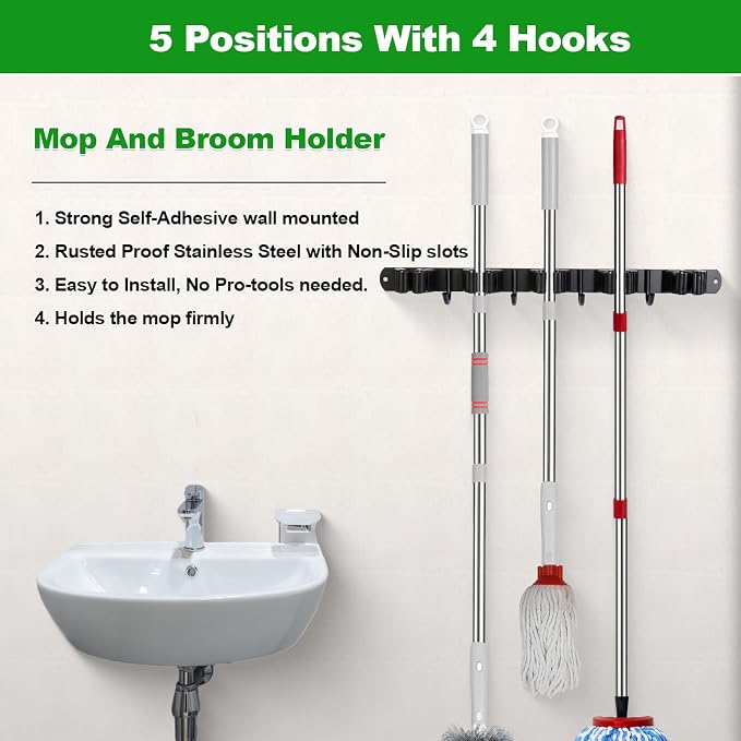 voze 5 Racks and 4 Hooks Mop and Broom Holder Wall Mount, Self Adhesive Heavy - Image 2