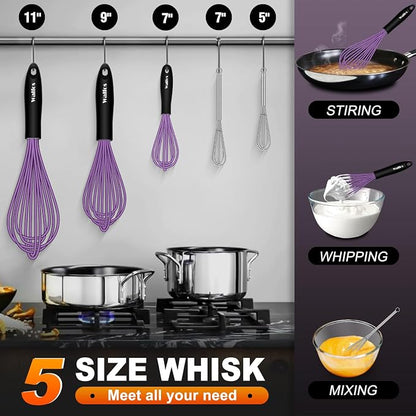 Walfos Whisk, Silicone Whisks Set of 5, Mini Stainless Steel Whisk 7+5in & Non - Image 7