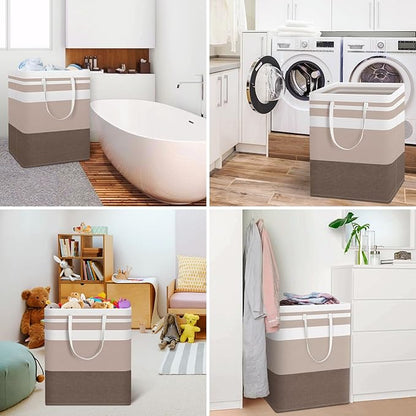 HomeHacks 2-Pack Large Laundry Basket, Waterproof, Freestanding Laundry Hamper, Collapsible Tall Clothes Hamper with Extended Handles for Clothes Toys in the Dorm and Family (Brown, 125L)