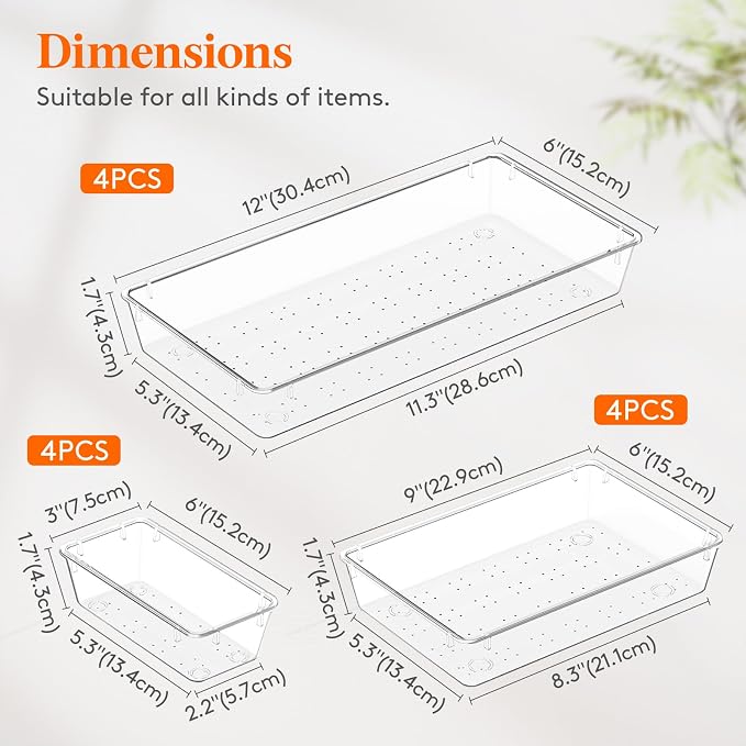 Lifewit 12 Pcs Large Bathroom Drawer Organizers, 3 Sizes Clear Plastic Storage - Image 2