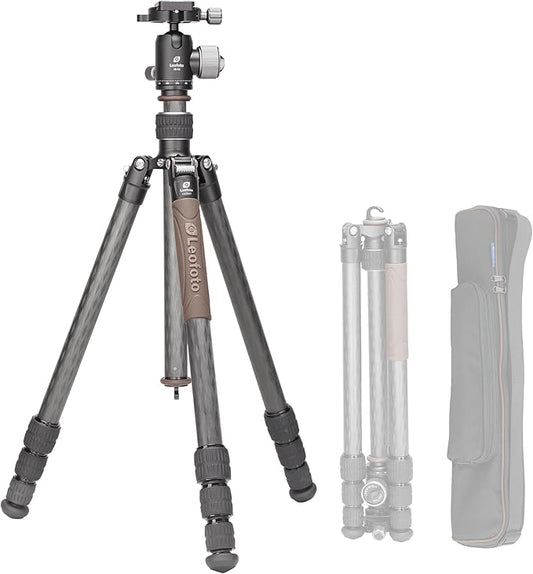 Compact Carbon Fiber Travel Camera Tripod with Ball Head, Reverse Folding Design, Maxload 8kg, Folded Height 450mm (LX-254CT+XB-32)