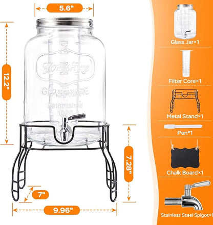 2 Gallon Large Glass Drink Dispenser Set, Beverage Dispensers - Image 2