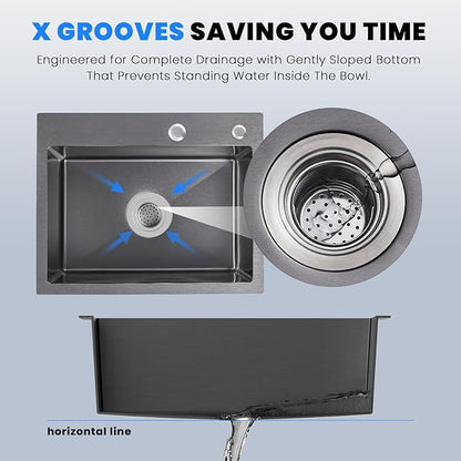 POPFLY 23 x 18 Inch Drop in Kitchen Sink, 304 Stainless Steel Overmount Single Bowl 9 Inch Deep Small Rv Sink Handmaed Bar Prep Top mount Utility Sink, Black