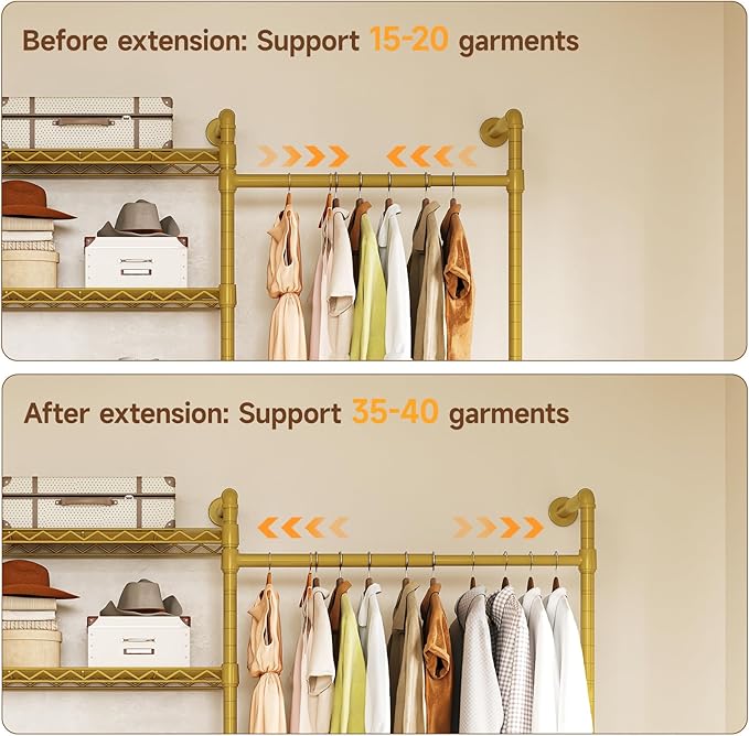 ONBRILL H3 Wall Mounted Closet System, Expandable Industrial Pipe Clothes Rack Clothing Rack for Hanging Clothes, Heavy Duty Closet Organizers and Storage in Wardrobe Closet, Gold