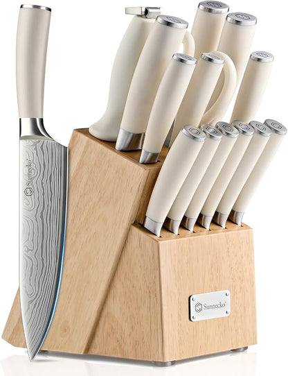 Sunnecko Knife Set with Block and Sharpener, 15 Piece Kitchen Knife Block Set by Sunnecko