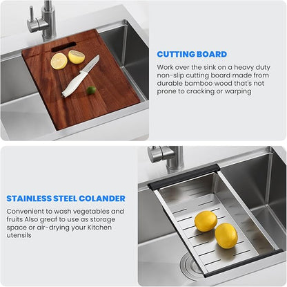POPFLY 25 Inch Drop In Kitchen Sink, 25×18 Drop In Workstation Sink 18-Gauge 304 Stainless Steel Single Bowl Top mount 9-Inch Deep Handmade Farmhouse Sinks with Cutting Board and Strainer, Brushed