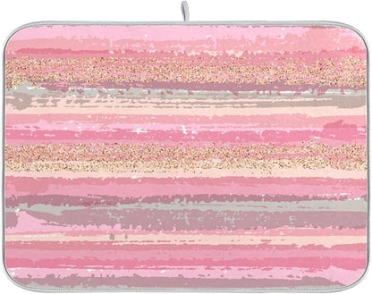 Pink Gold Stripe Dish Drying Mat by Wamika