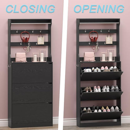Shoe Cabinet with 3 Flip Drawers & Coat Rack, Narrow Hidden Shoe Storage Cabinet - Image 5