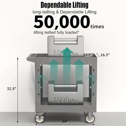 Utility Cart on Wheels, 1000 lbs Capacity Rolling Service Cart, 34 x 17 Inch - Image 3