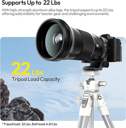 ULANZI Ombra Ⅱ Camera Travel Tripod White, 61.5" Aluminum Tripod Foldable with UKA Quick Release Plate for Phone Sony Canon, Video Shooting Vlogging Portable Stand w Phone Clamp Holder Carry Bag