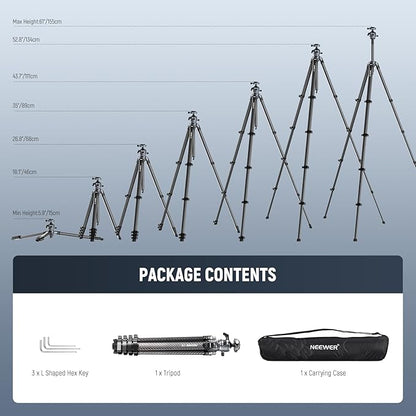 NEEWER LITETRIP LT38 61" Travel Tripod Carbon Fiber for Camera, 360° Pan Tilt Low Profile Ball Head, Flexible Center Axis, Arca QR Plate Compatible with Peak Design Tripod Clip V3, Max Load 22lb