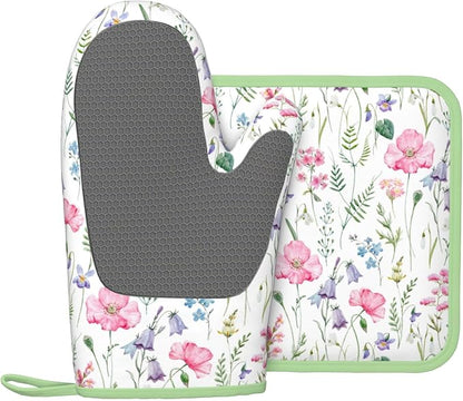 Pink Floral Silicone Oven Mitts Pan Mats Set of 2, Heat Resistant Gloves - Image 2