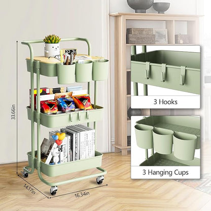 3 Tier Rolling Cart with Metal Handle, Table Top, Hanging Cups, Plastic Storage - Image 2